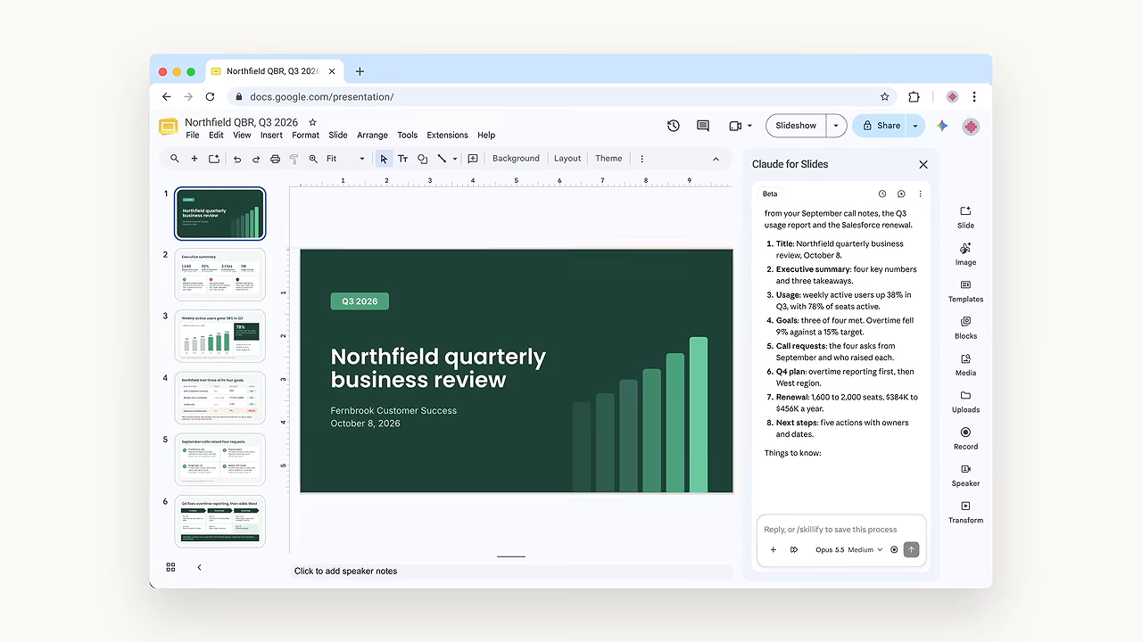 Le panneau Claude ouvert à droite d’une présentation Google Slides